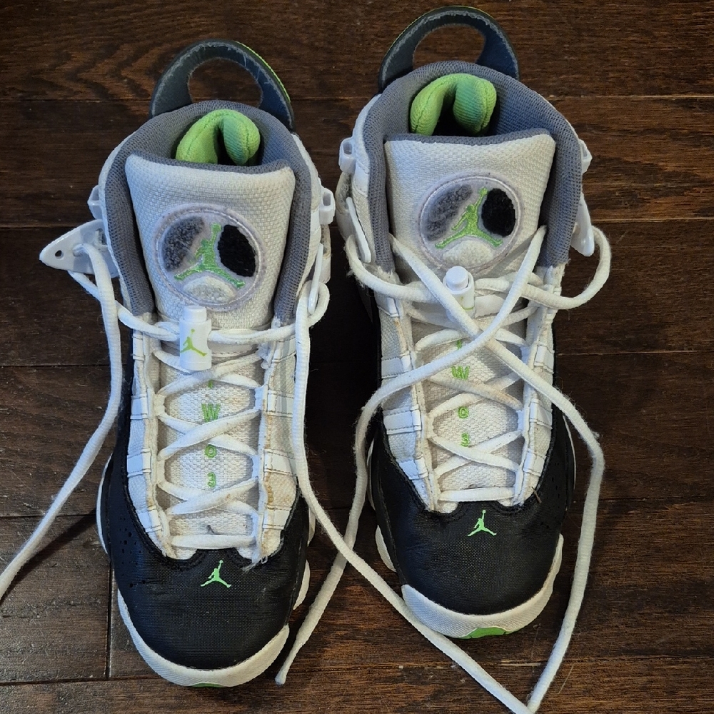 Jordan 6 Rings Kids Black and White Sneakers with Green Accents